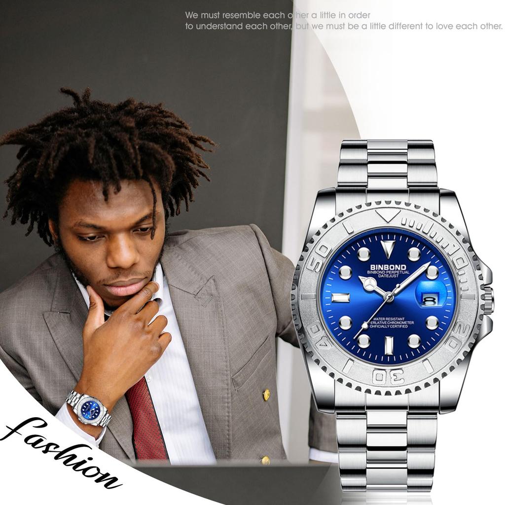 Silver Waterproof Watch with Calendar Luminous Analogue Watch with Rotatable Stainless Steel Simple and Stylish Quartz Watch for Casual and Business