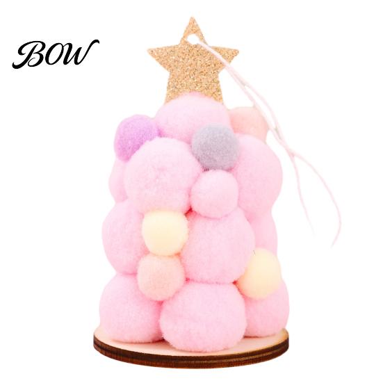 Festive Home Decoration Plush Christmas Tree Ornament, Cute Pom Balls Tree-Shaped Hanging Pendant Round with Star Topper for Wreath Party Handmade