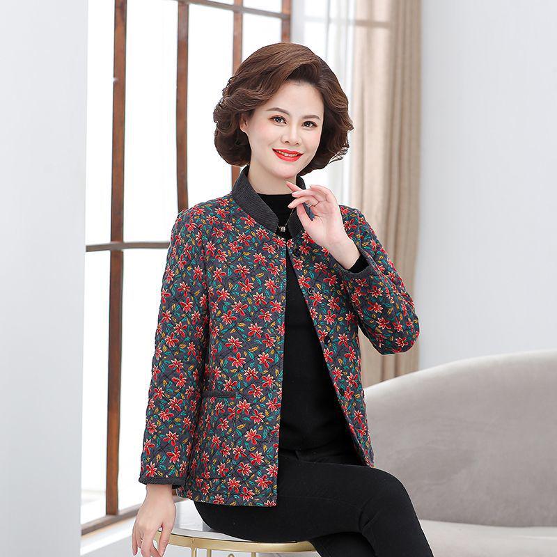 Women's Floral Corduroy Quilted Jacket - Lightweight Autumn/Winter Fashion for Middle-Aged & Elderly