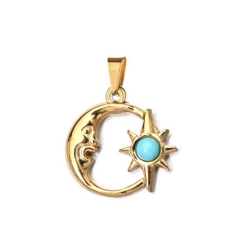 European Retro Sun and Moon Stainless Steel Pendant with Semi-Precious Stone Charm for Women.