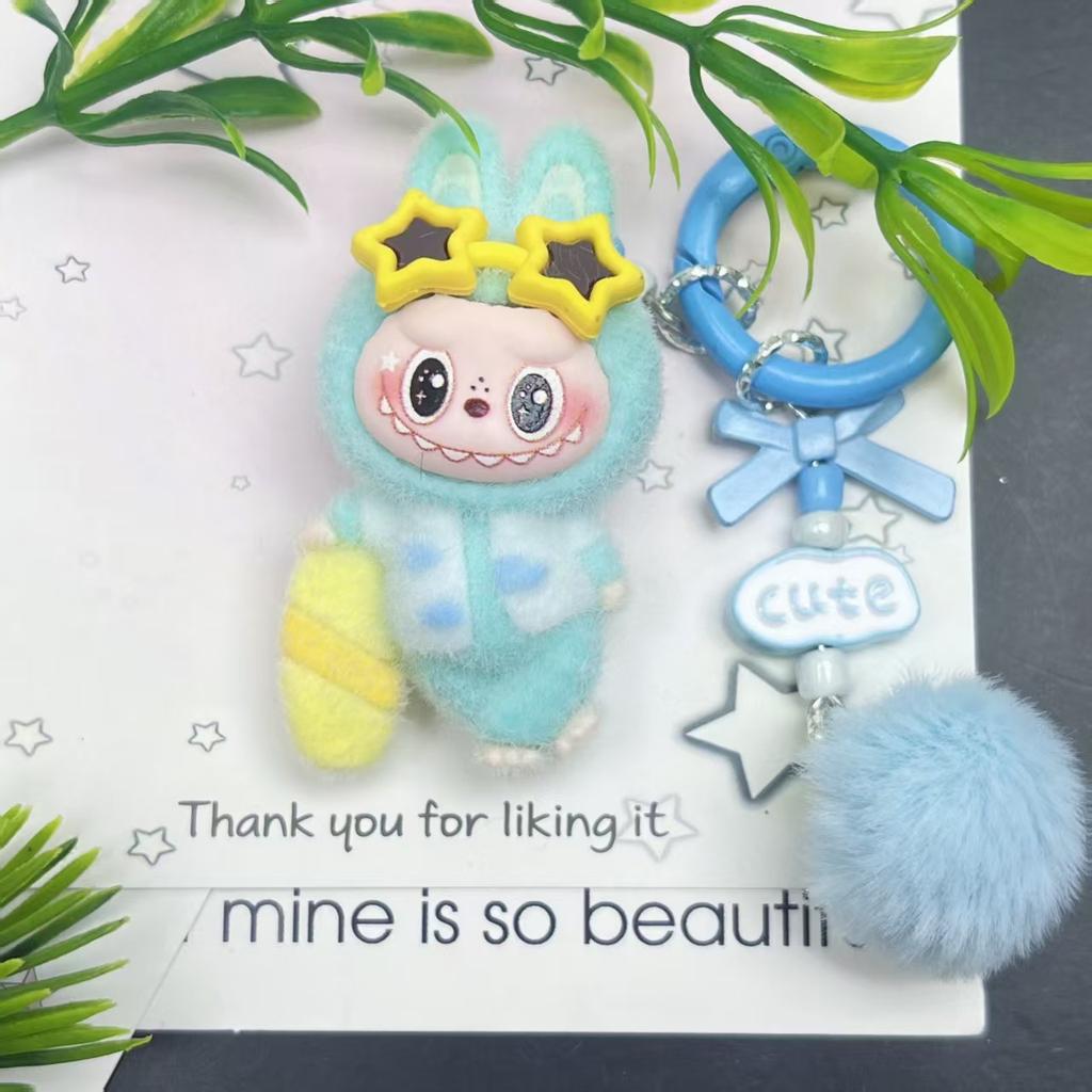 Tide Play Flocking Cute Doll Keychain Pendant Mini Car Desktop Ornament