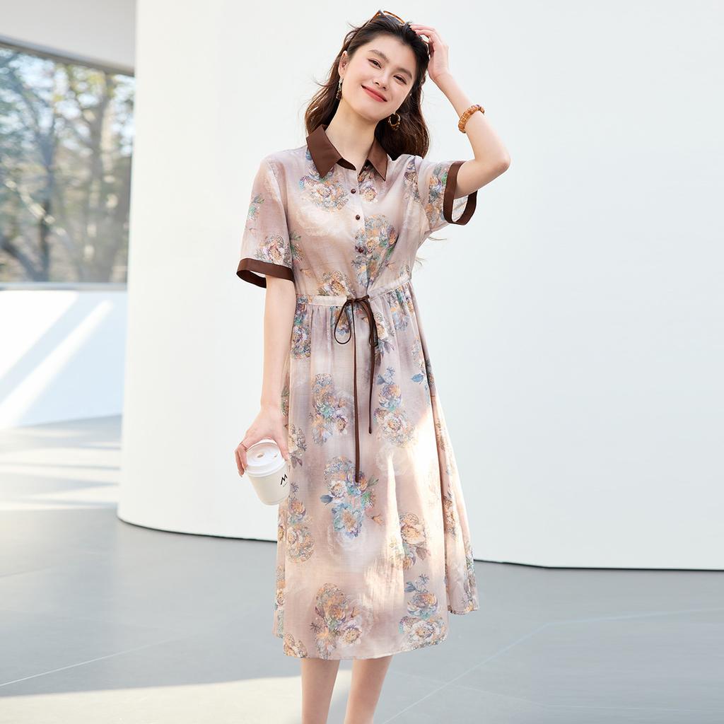 26 Year New Summer Shirt Collar with Chinese Style High-end Feeling, Short Sleeved Skirt, Waist Cinching Versatile Mid Length Skirt, Dress