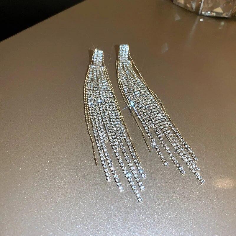 Inlaid Rhinestone Flowers Long Tassel Women Earrings Temperament Silver Needle Exaggerated Zircon Drop Earrings Sparkle Jewelry