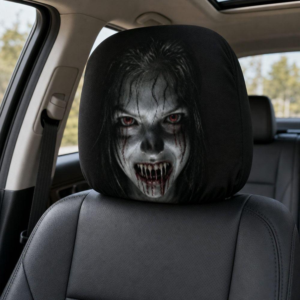 2Pcs Black Car Seat Cover Scary Face Printing Car Headrest Protector Car Headrest Cover Halloween