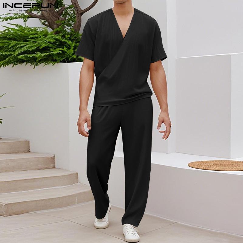 INCERUN Conjuntos de dos piezas para hombre con camisa de manga corta con textura y cuello en V y pantalones largos rectos