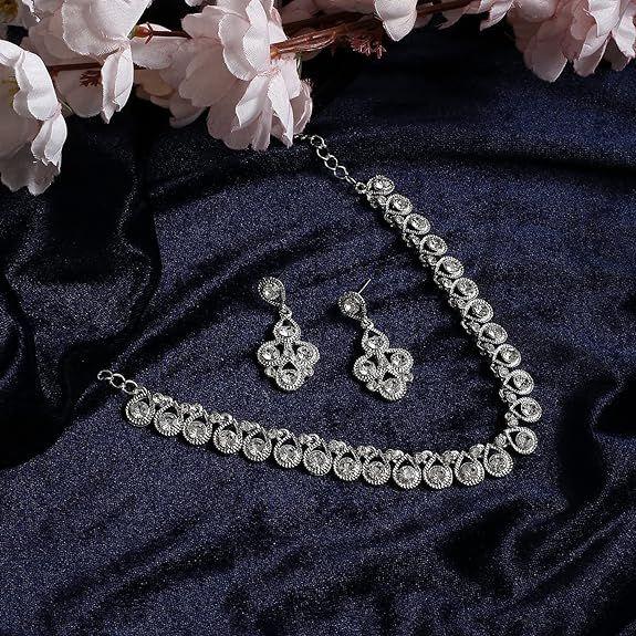Women's Silver Plated American Diamond Necklace/Jewellery Set with Earrings