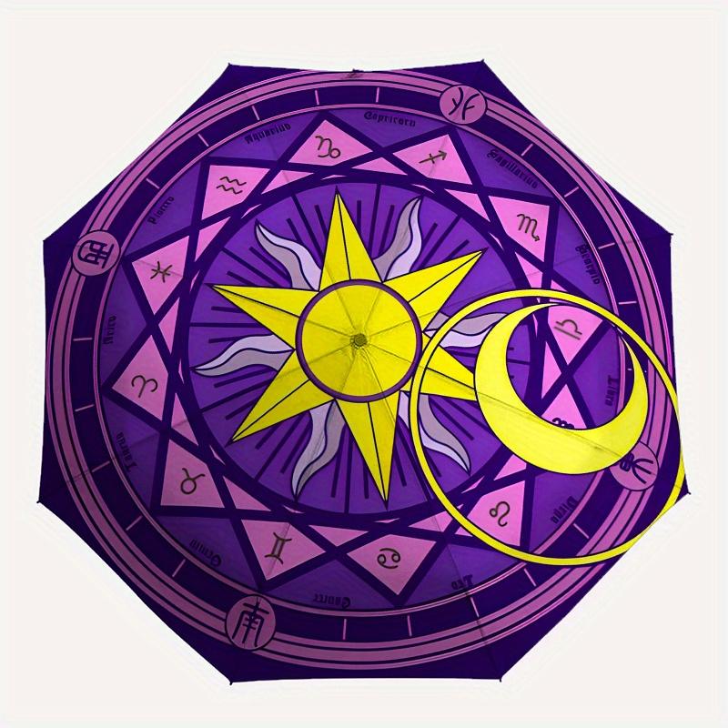 Zodiac Sonnen- und Mondsymbol AufkleberRegenschirm, Tragbarer 3-Fach-Regenschirm für Damen & Herren, Weihnachtsgeschenk ES304