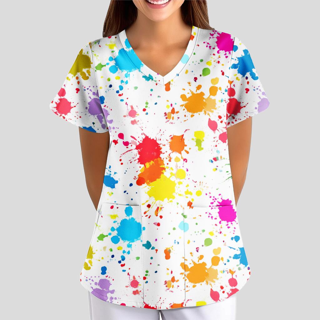 Women's Floral Print Loose V-neck Short-sleeved Uniform/ Uniform