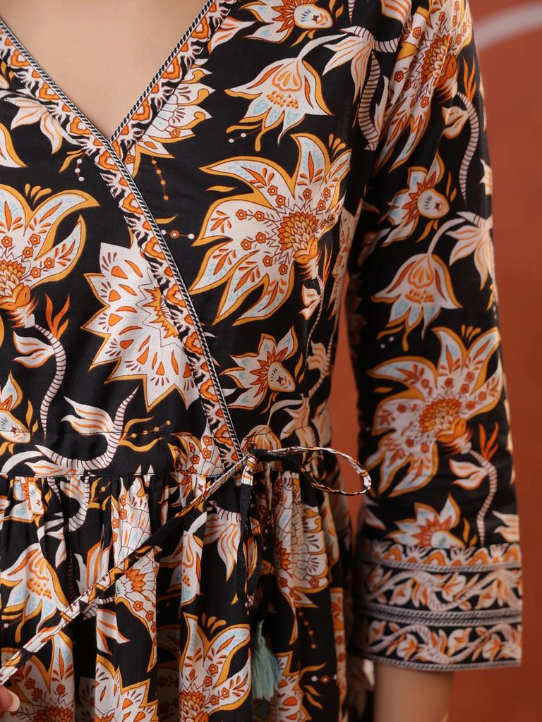 Black Floral Printed V Neck Cotton Top