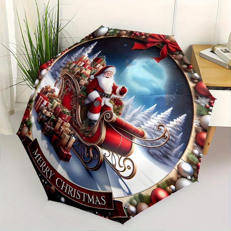 

Santa Claus, Christmas sleigh Automatic Folding Umbrella 8 Ribs, Durable Iron Frame, Bright Color Pattern Compact Travel Umbrella, Suitable