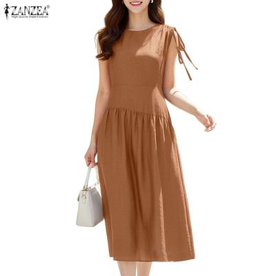 Women Elegant Casual Round Neck Solid Color Sleeveless Dress