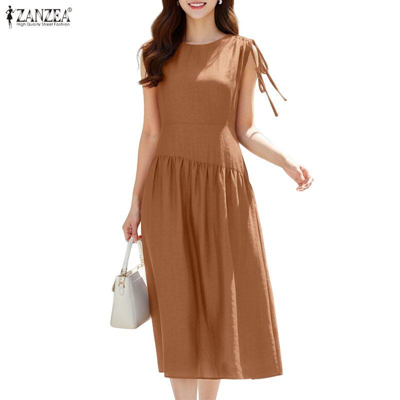ZANZEA Women Elegant Casual Round Neck Solid Color Sleeveless Dress