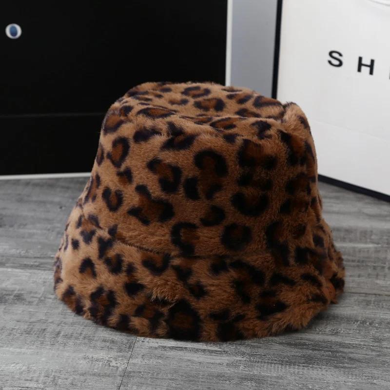 Hat Women Autumn and Winter Sweet and Cute Bucket Hcap Fashion Leopard Hat Plush Fisherman Hat Warm Thick Basin Hats