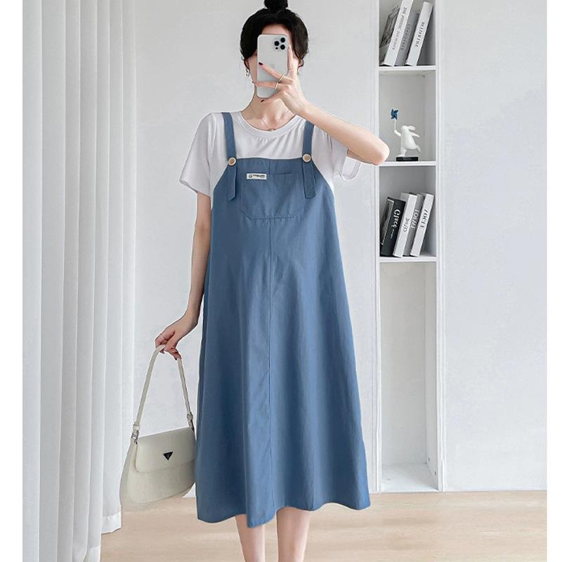 

Летняя одежда для беременных, круглый вырез, имитация двух частей, бретели, свободный крой, большой размер, для живота и тонкая верхняя одежда, универсальное трендовое платье 2XL recommends 145-82.5kg