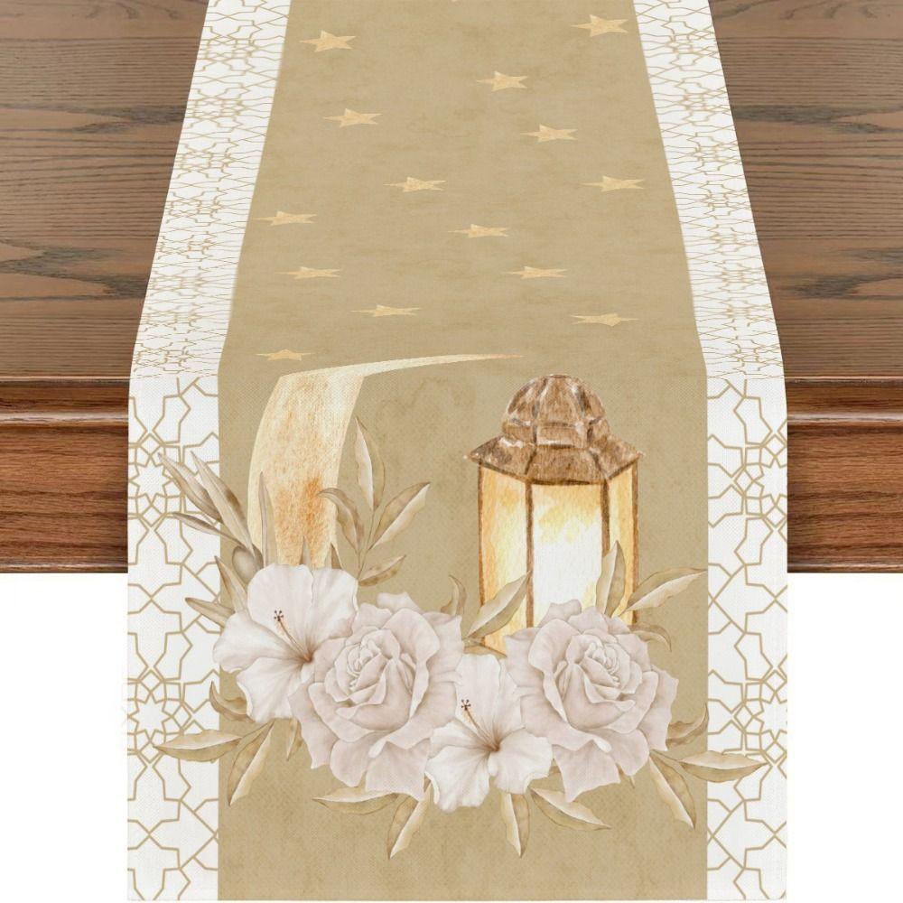 Vintage Ramadan Table Runner 2D Single Print Watercolor Flowers Eid Mubarak Table Runner Reusable Washable Islamic Table Runner