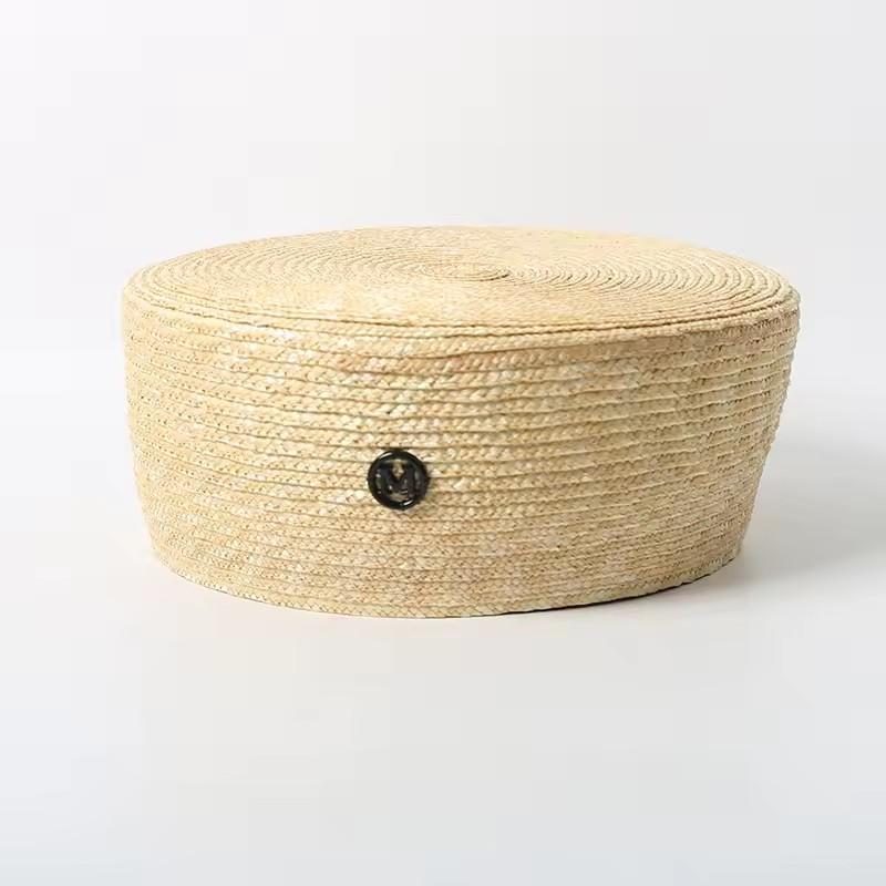 Ins Blogger Natural Straw Pillbox Hat Flat Berets Women HandWoven Sun Hat Summer Circle Concave Top Church Derby Party Beach Cap