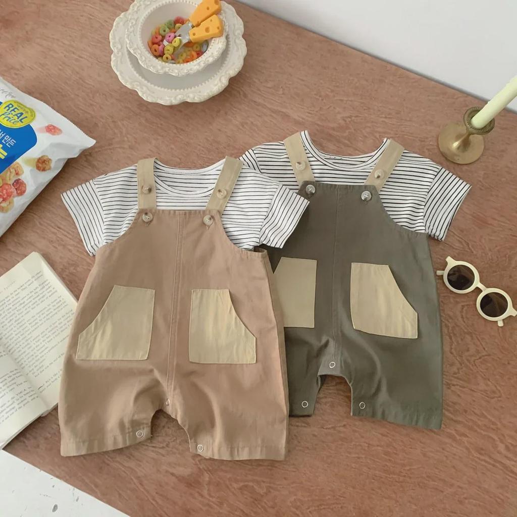 Korean-Style Baby Overalls: Unisex Infant Shorts with Pockets and Suspenders