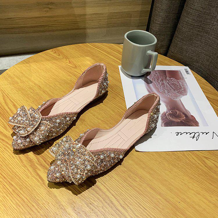 2025 Korean Style Women's Pointed Toe Pearl Rhinestone Slip-On Shoes - Soft Sole, Shallow Mouth, Spring/Autumn Fashion
