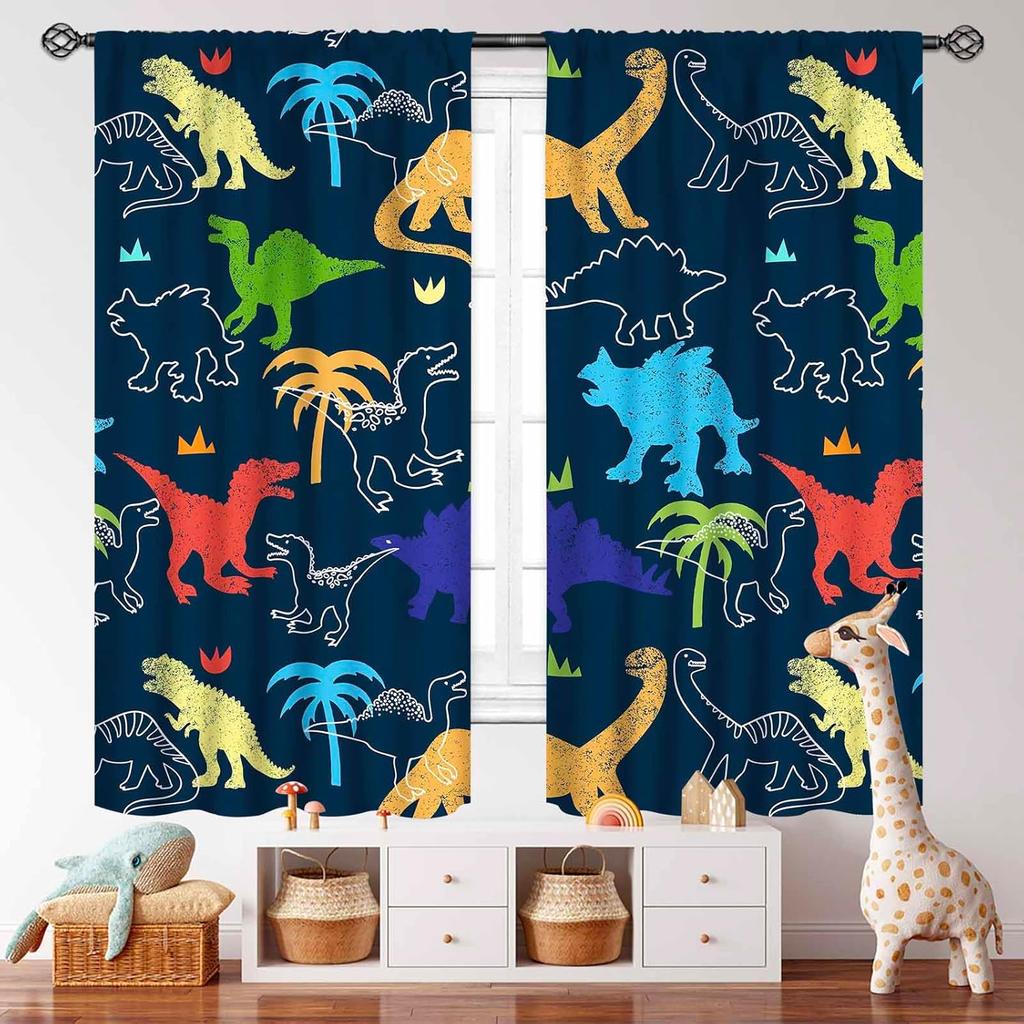 Boys Dinosaur Curtains,Cartoon Colorful Safari Animal Navy Blue Drapes Treatments For Boys Girls Children Nursery Living Room