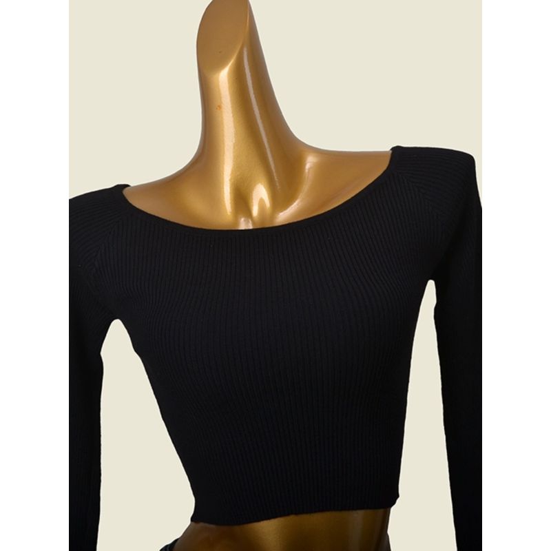 Off-the-Shoulder Sweater Fashion Wind Thread High Elastic Sunken Stripe Early Autumn Inner Bottoming Shirt Silm High Waist Show Belly Tops