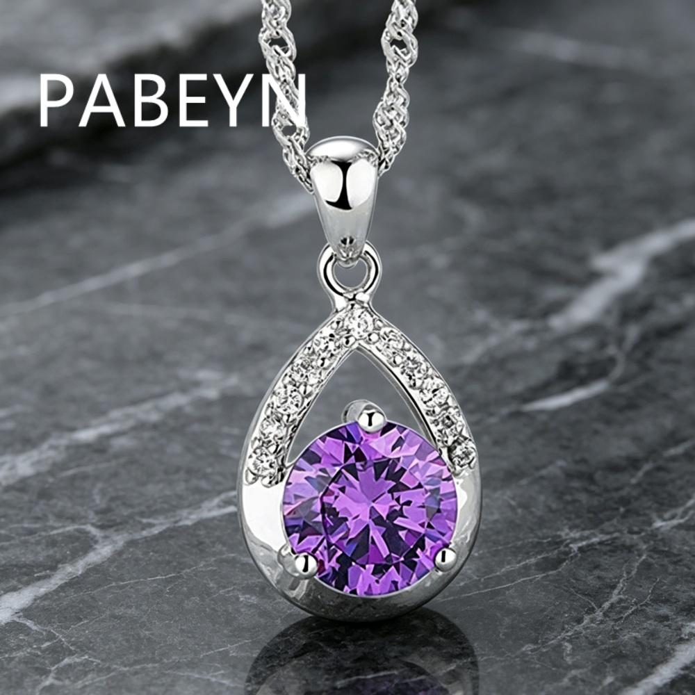 925 Sterling Silver Stylish Simple White Purple Zircon Droplet Pendant Necklace, Birthday Party Anniversary Gift, Ladies Jewelry