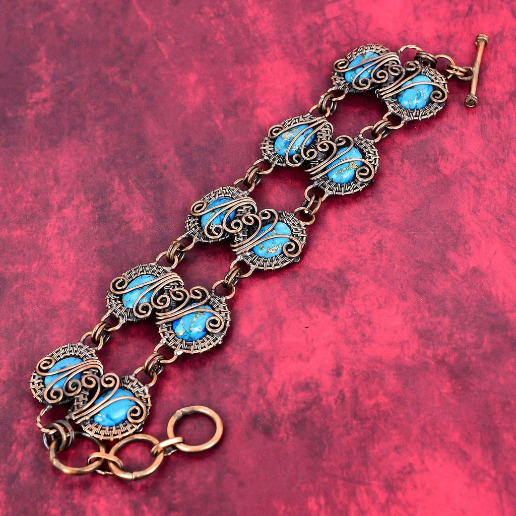 Copper blue turquoise bracelet copper wire wrapped adjustable chain bracelet natural gemstone handmade bracelet copper jewelry gifts for mom