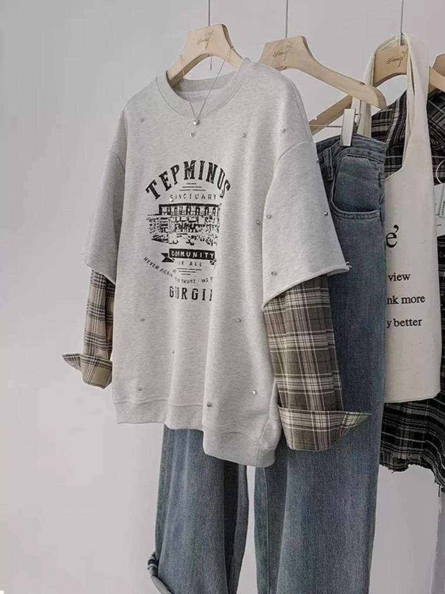 

Клетчатый лоскутный свитшот с круглым вырезом - Женский пуловер свободного кроя на осень/зиму 2024 M