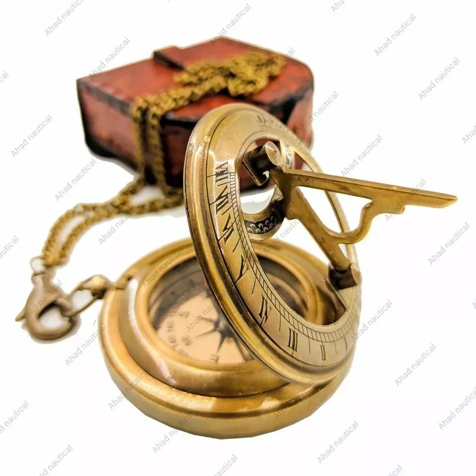 Nautical Pocket Sundial Compass With Leather Case