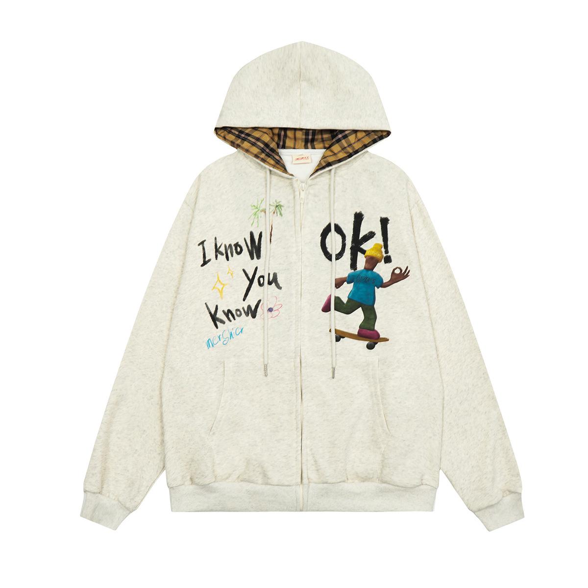 Men s autumn and winter new American retro college style graffiti character print cardigan sweater hoodie M