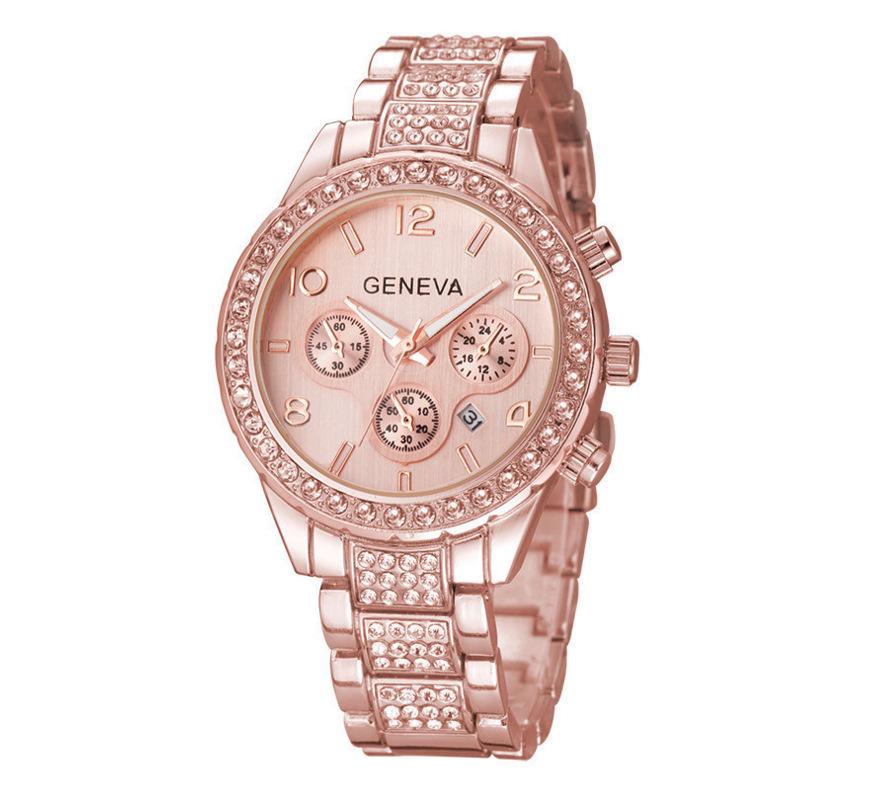 Geneva Diamond-Studded Steel Band Women's Fashion Watch - Elegant Three-Eye Design