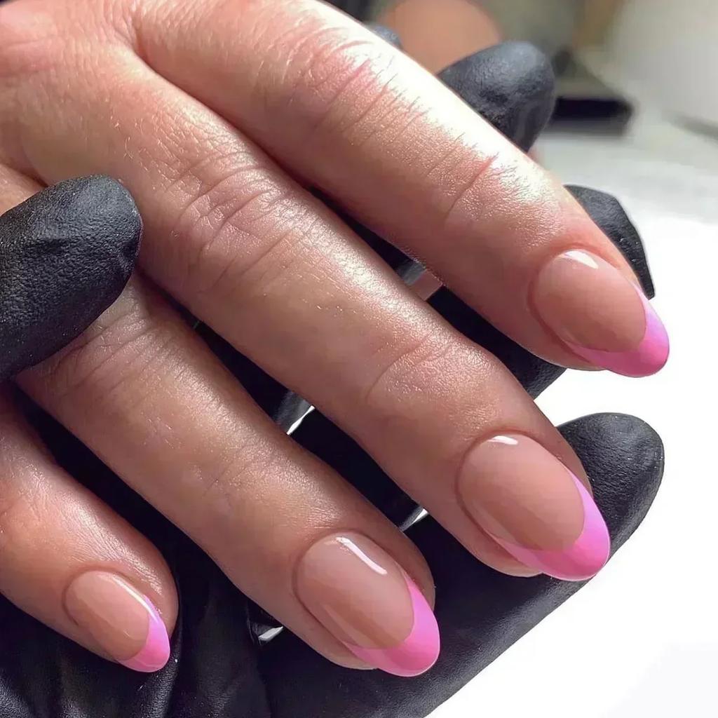 24Pcs French Almond False Nails Pink Stiletto Press On Nails With White Edge Design And Glue Simple Wearable Nail Tips
