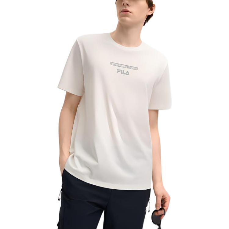 Fila Versatile Casual Knitted Breathable Short Sleeve T-Shirt Men Tops Cloud-Mushroom-White F11M519104FWT