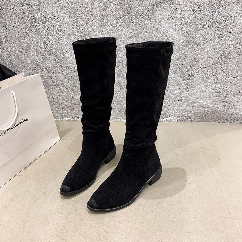 Western cowboy boots women's 2025 new spring and autumn thick heel stacking boots retro thick leg thin long knight boots