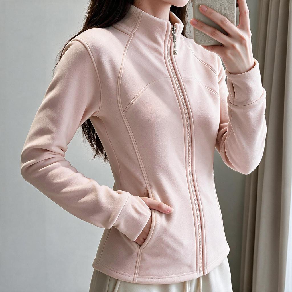 Womens Fleece Hoodie Jacket With Stand Collar And Solid Color For Commuting And Warmth