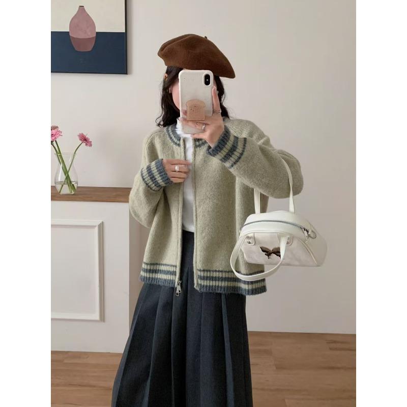 

Контрастный цвет, трикотажный кардиган с круглым вырезом, бейсбольная майка, весенняя новинка, свободная, на молнии, мягкая, восковая, повседневная куртка-свитер, женская one size fits all зелёный