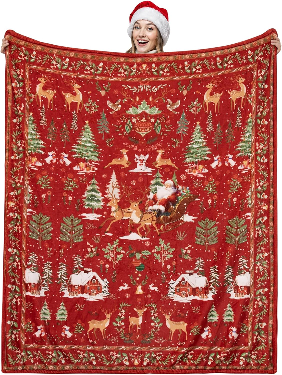 Christmas Blanket Reversible Fluffy Fleece Holiday Blanket Xmas Deer Throw Blanket for Couch Bed Living Room, Christmas Reindeer 75X95CM