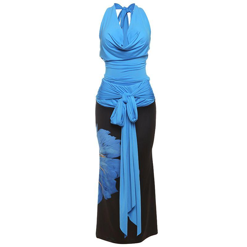 

Fashion Style 2025 Summer New Arrival Women s Clothing Sexy Halter Slim Fit Vest Contrast Color Printed Lace up Skirt Blue L