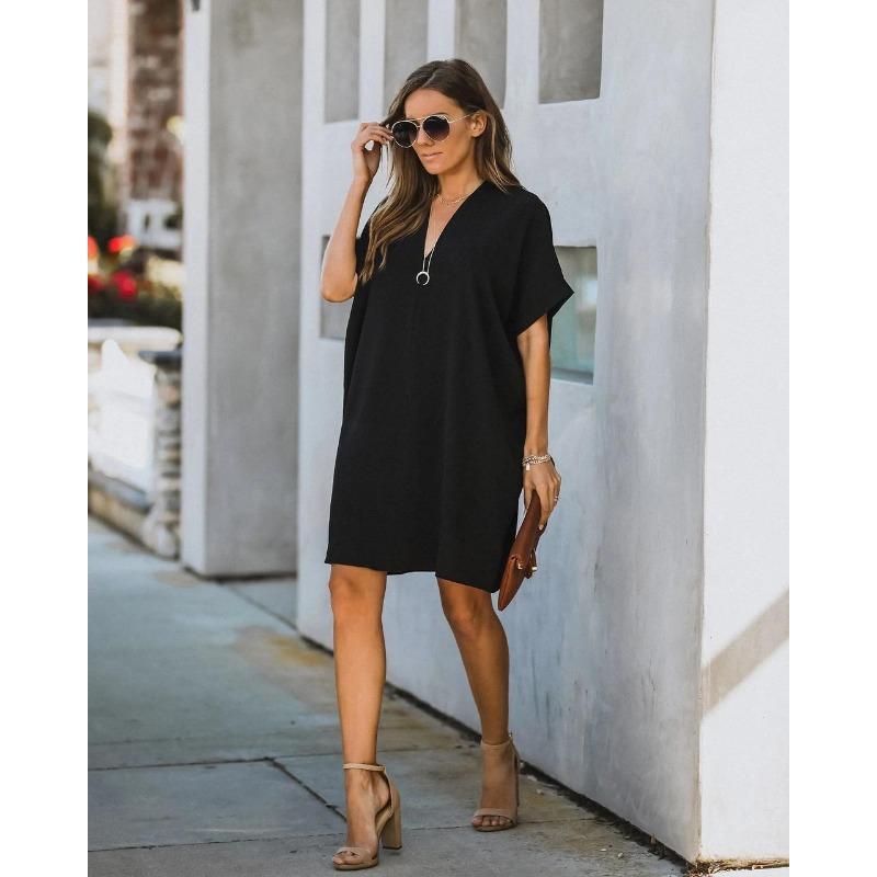 YYFS Women's Fashion Summer Spring Solid Color Print Short Sleeve V-Neck Loose Waistline Casual Dresses