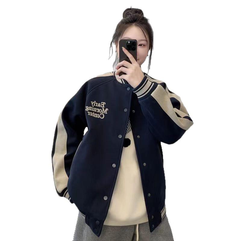 Women's Retro Color Block Baseball Jacket - Autumn/Winter, Loose Fit, Fleece Lined, Thickened