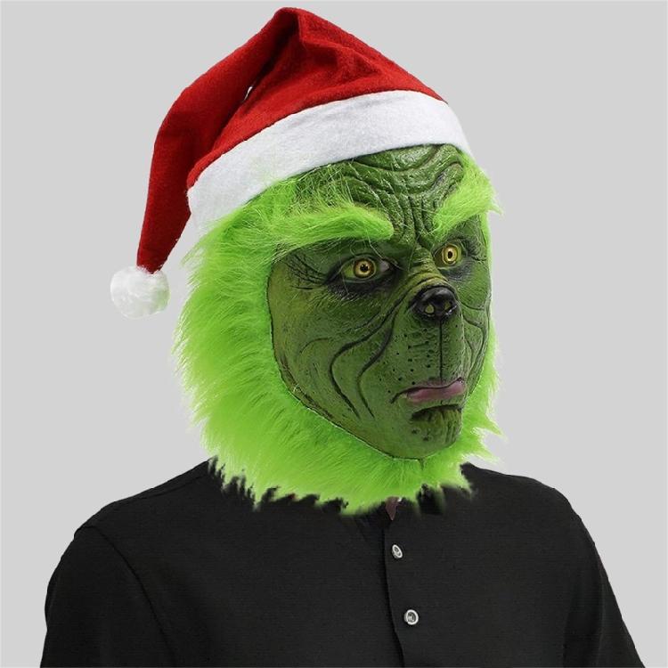Mostri Verdi di Natale Costume di Babbo Natale Costume Cosplay di Halloween Maschera Integrale in Lattice Maschera Mostri Verdi Guanti