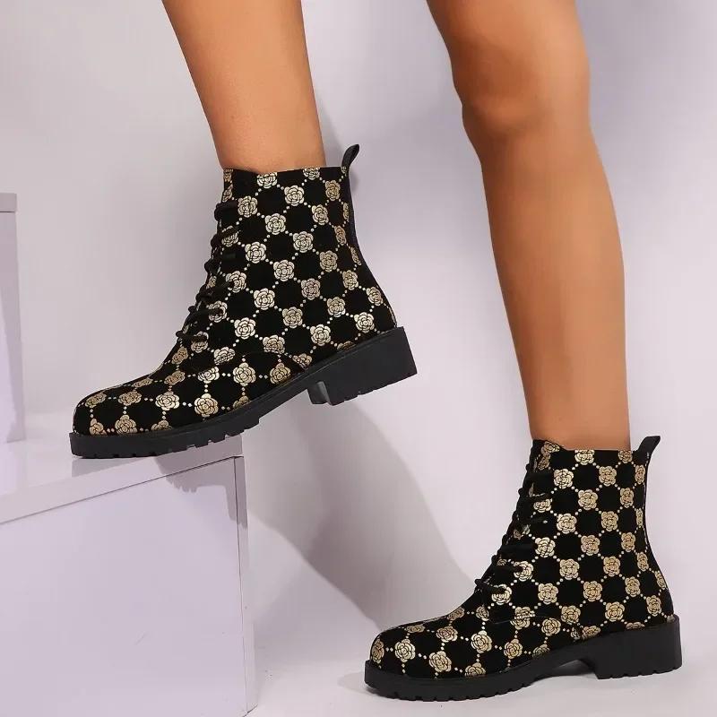 Mode Automne Nouvelles Bottines Chunky Femmes Mode Tête Ronde Lacets Avant Imprimées Semelle Souple Antidérapantes Confortables Chaussures Simples