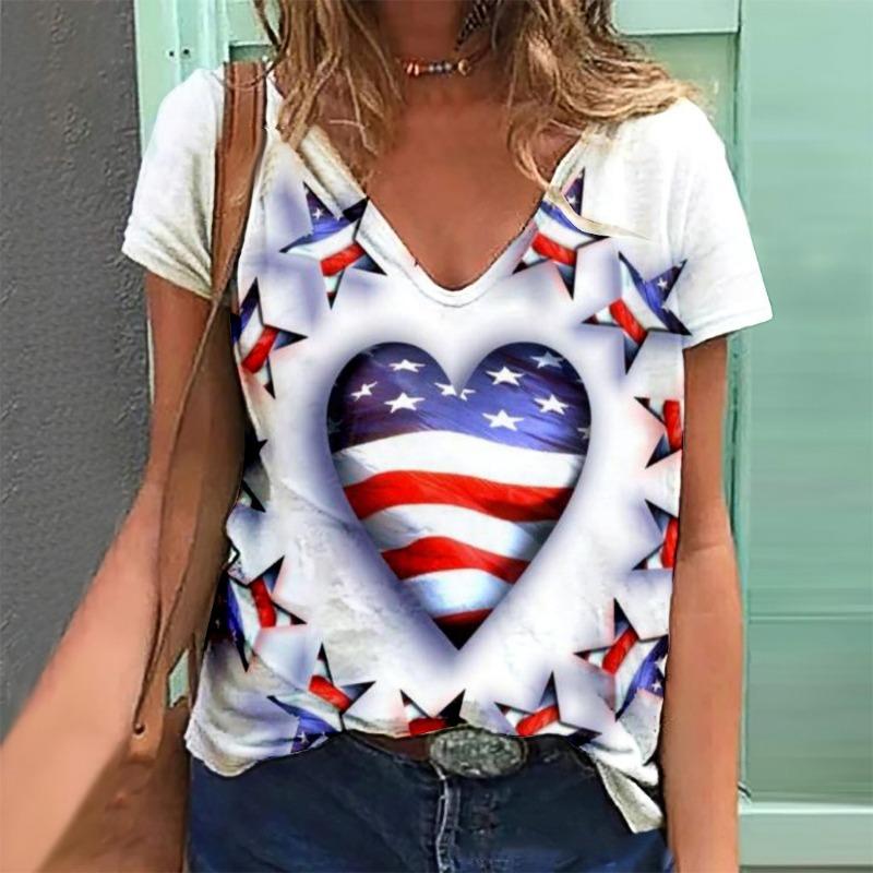 Sommer Damen 3D Digital bedrucktes V-Ausschnitt Kurzarm T-Shirt