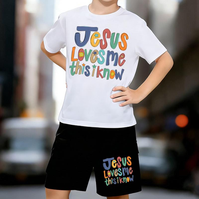 

Boys 2 Piece Jesus Loves Me letter print Outfit, Short Sleeve T-Shirt and Shorts Set for Kids Age 5-14,Black and White Sporty Casual Summer Clothes 13-14 Years білий
