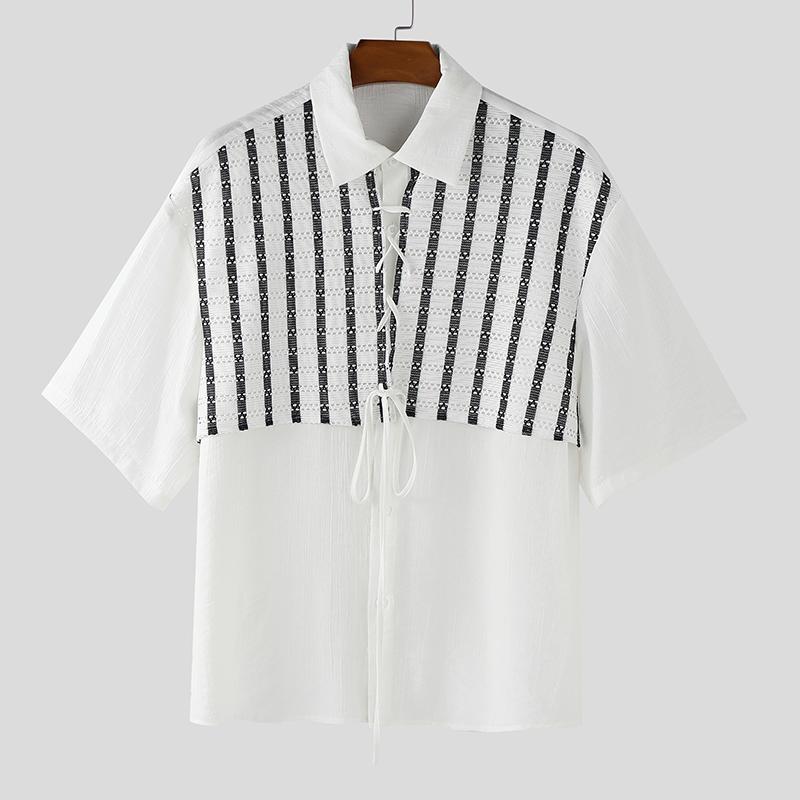 

INCERUN Men Lapel Neck Short Sleeve Striped Lace Patchwork Casual Oversized Shirts 2XL