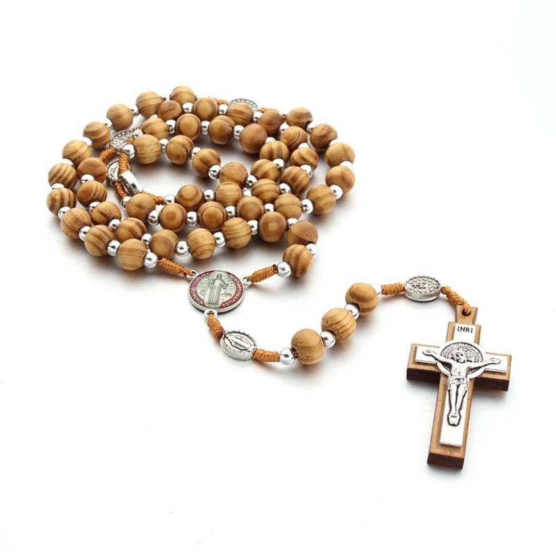 Handmade Wood Rosary Necklaces Men Women Necklaces Catholic Cross Pendant Meditation Jewelry Christian Religious Gift