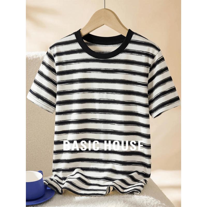 Basic House Women s Striped Round Neck Short Sleeve T-Shirt L