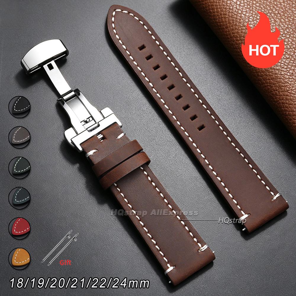 Genuine Calfskin Leather Watch Strap 18mm 19mm 20mm 21mm 22mm 24mm Universal Bracelet Butterfly Buckle Business Soft Wrist Band
