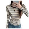 Women's Retro Color Block Striped Long Sleeve Slim Fit T-shirt for Autumn and Winter