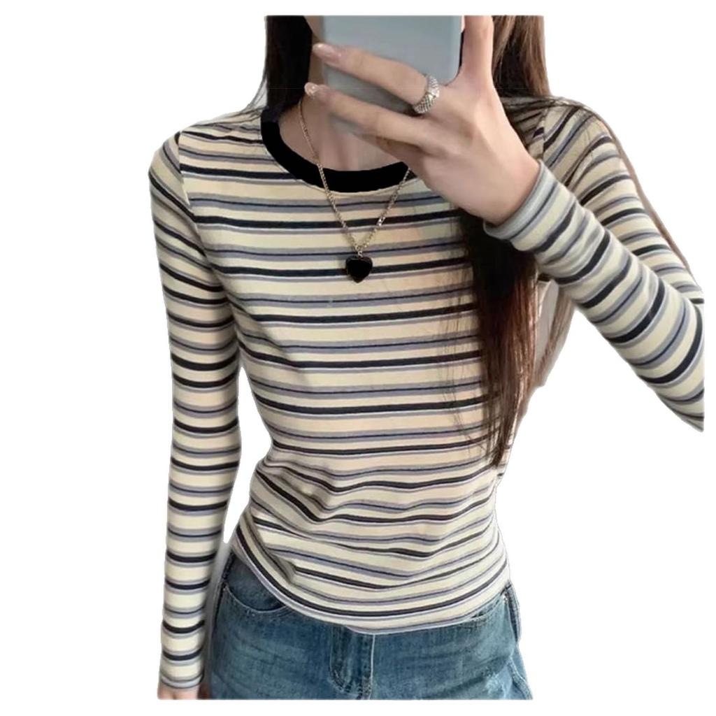 Women's Retro Color Block Striped Long Sleeve Slim Fit T-shirt for Autumn and Winter