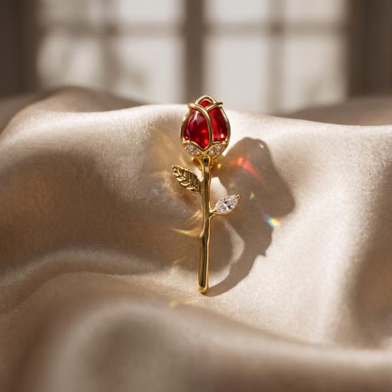 Luxury Brooch Pin Red Rose Bud Pin, Retro Rhinestone Floral Lapel Women Collar Men Jewelry Accessories for Suit Dress Coat Scarf Vintage